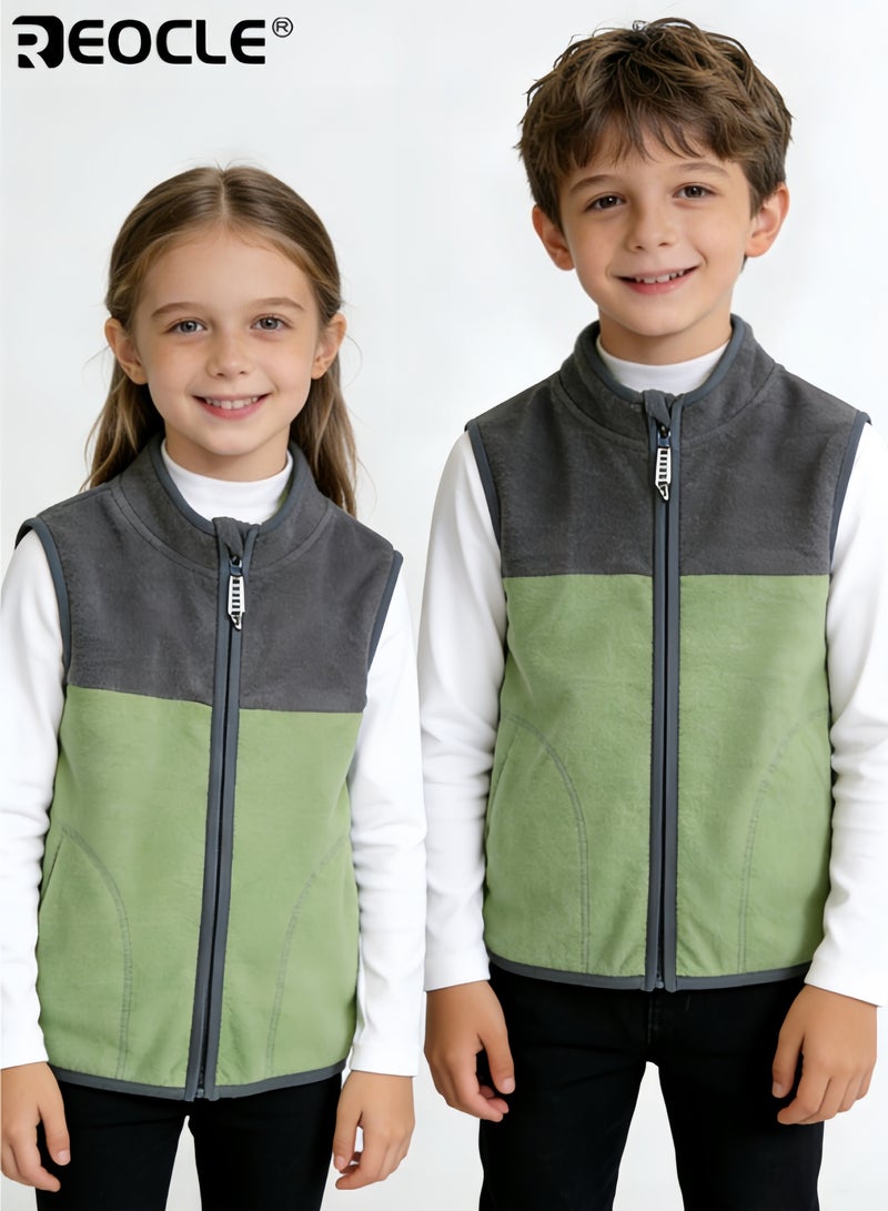 REOCLE Kid's Unisex Winter Vest with Color Block Design and Thin Fleece Lining Sleeveless Waistcoat with Front Zipper for Boys Girls Cold Weather - Image 1